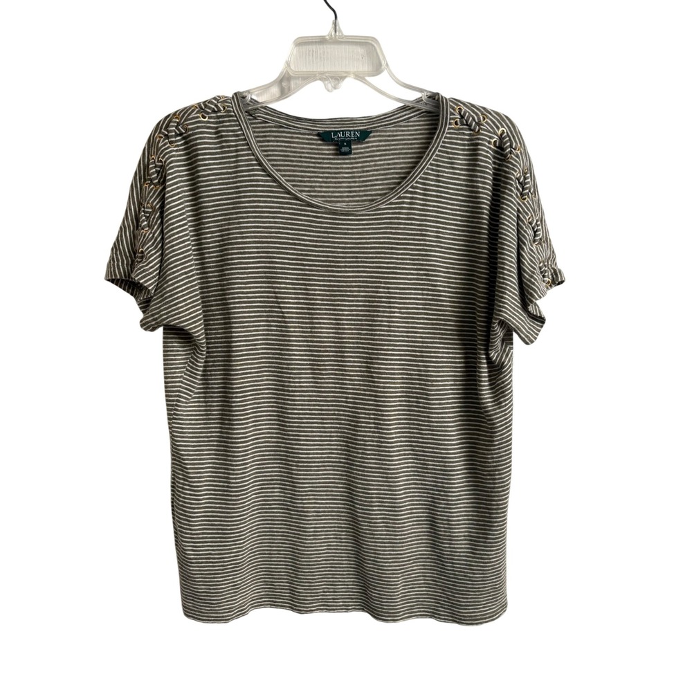 Lauren Ralph Lauren Olive Green Striped Linen Blend Lace Up Shoulder Top Small